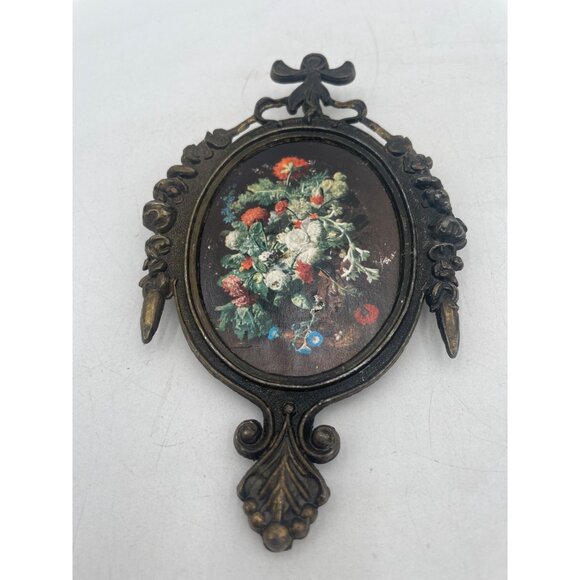 Italian Ornate Bronze Miniature Oval Frame Set With Floral Print - Picture 2 of 6